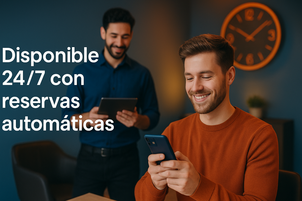 Negocio local recibiendo reservas online desde el móvil, mostrando disponibilidad 24/7