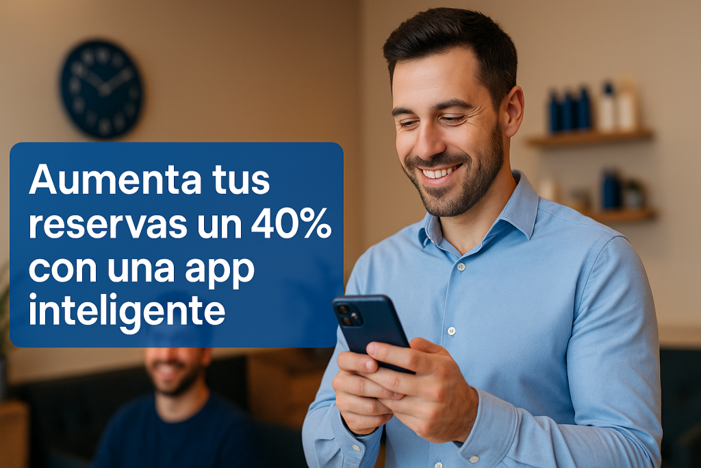 Profesional sonriendo mientras su app de reservas muestra aumento de citas en la pantalla