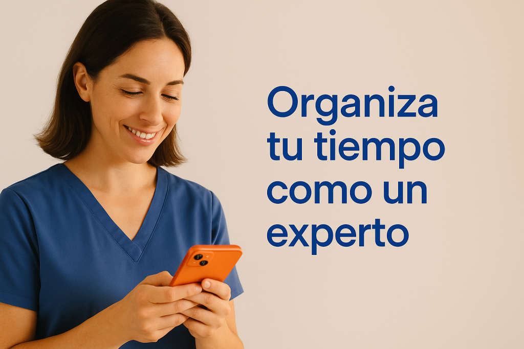 Profesional independiente organizando su agenda digital desde su móvil en un entorno moderno y relajado.