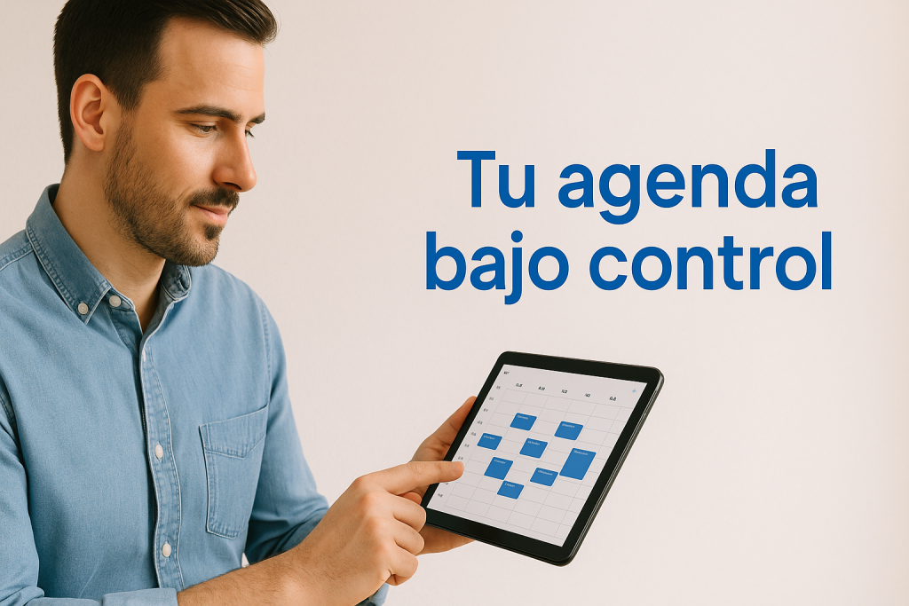 Profesional revisando su agenda digital organizada, sin cancelaciones, desde su portátil.