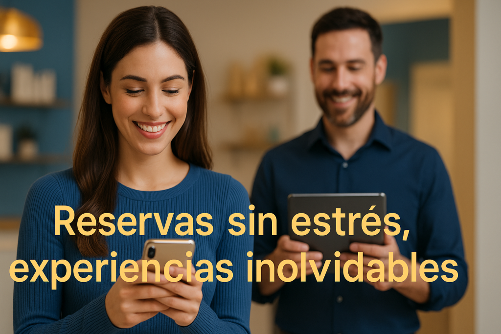 Cliente sonriendo mientras reserva desde su móvil con un sistema fluido y moderno.