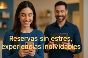Cliente sonriendo mientras reserva desde su móvil con un sistema fluido y moderno.