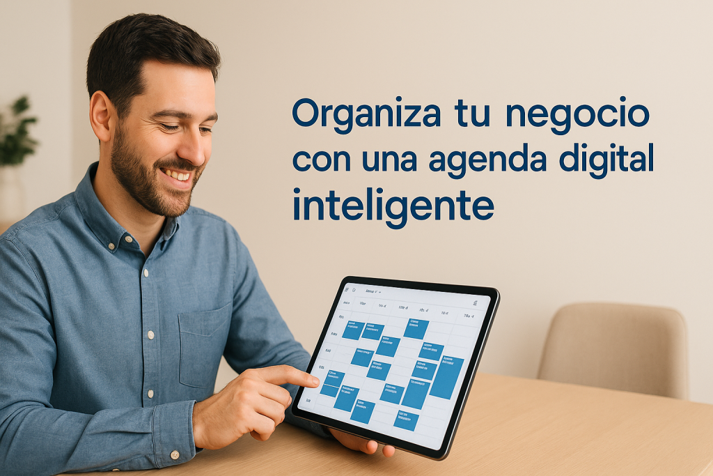 Autónomo organizando su agenda digital desde una tablet en su oficina moderna.