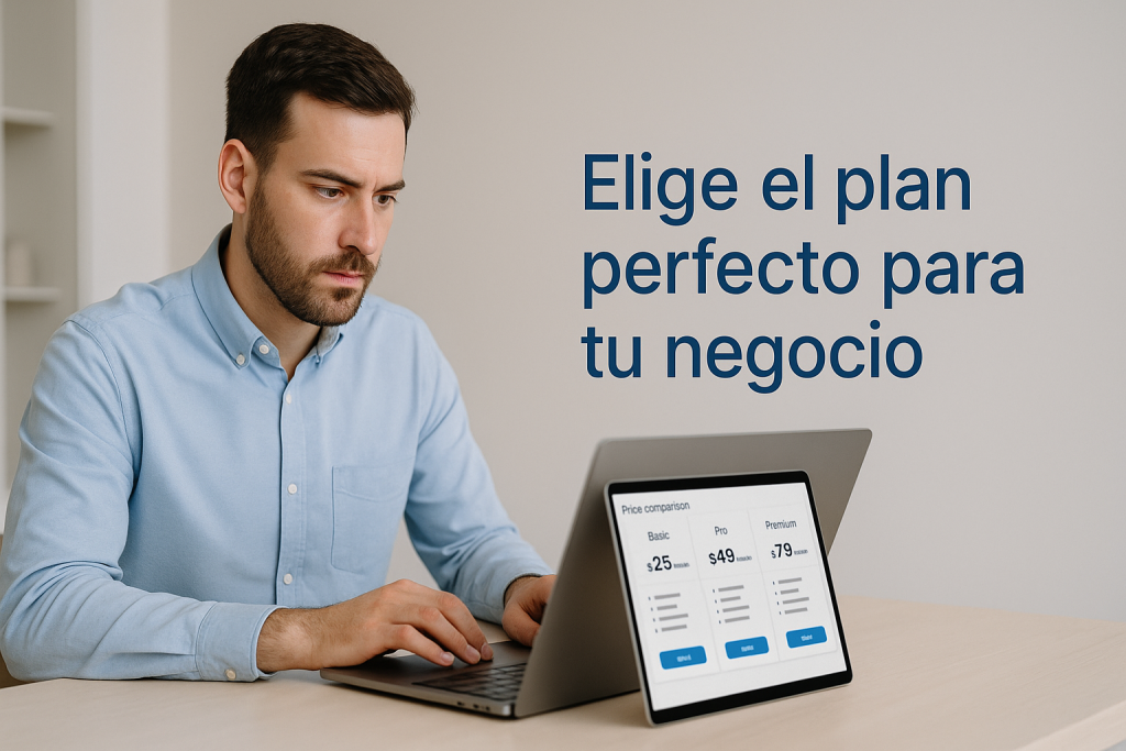 Profesional comparando precios de software de reservas en su ordenador con una calculadora.