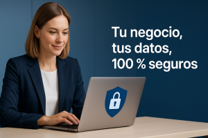 Empresaria comprobando candado de seguridad digital en su portátil mientras gestiona reservas