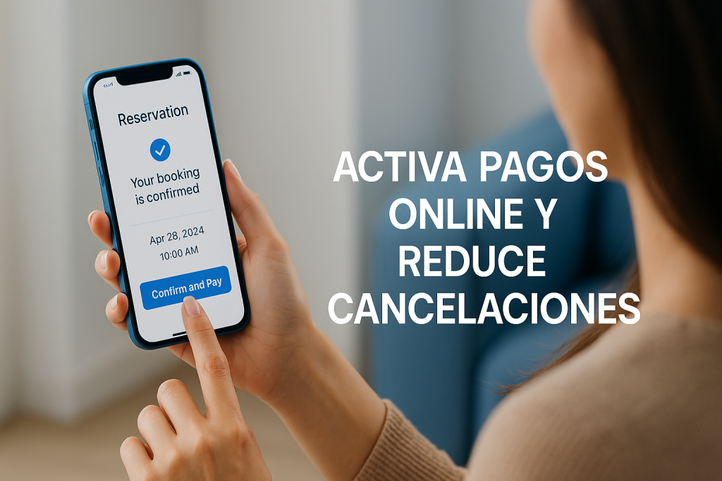 Cliente pagando online desde su móvil al confirmar una reserva.