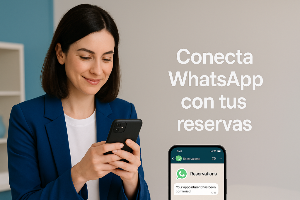 Emprendedora usando WhatsApp Business para confirmar reservas desde su móvil.