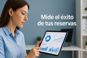 Emprendedora revisando gráficas de rendimiento de su sistema de reservas en una tablet.
