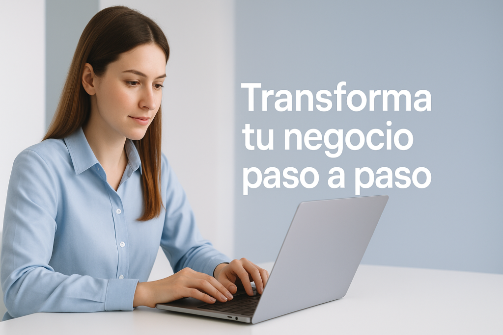 Emprendedora configurando su agenda online desde un portátil en su negocio.