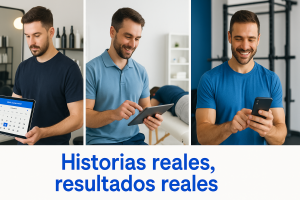 Collage de profesionales felices usando tablets y móviles para gestionar reservas automatizadas.